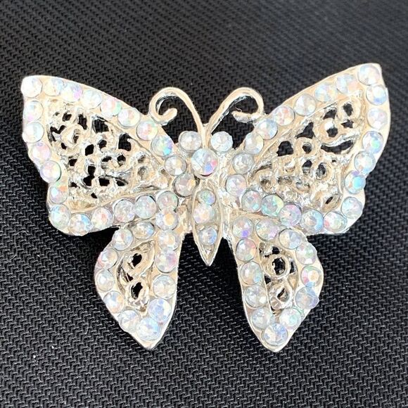 Vintage ab crystal filigree silver butterfly pin - Picture 6 of 7